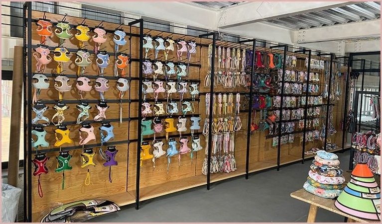 Every design in the range hangs here, so webbing, hardware and stitching can be compared side by side.